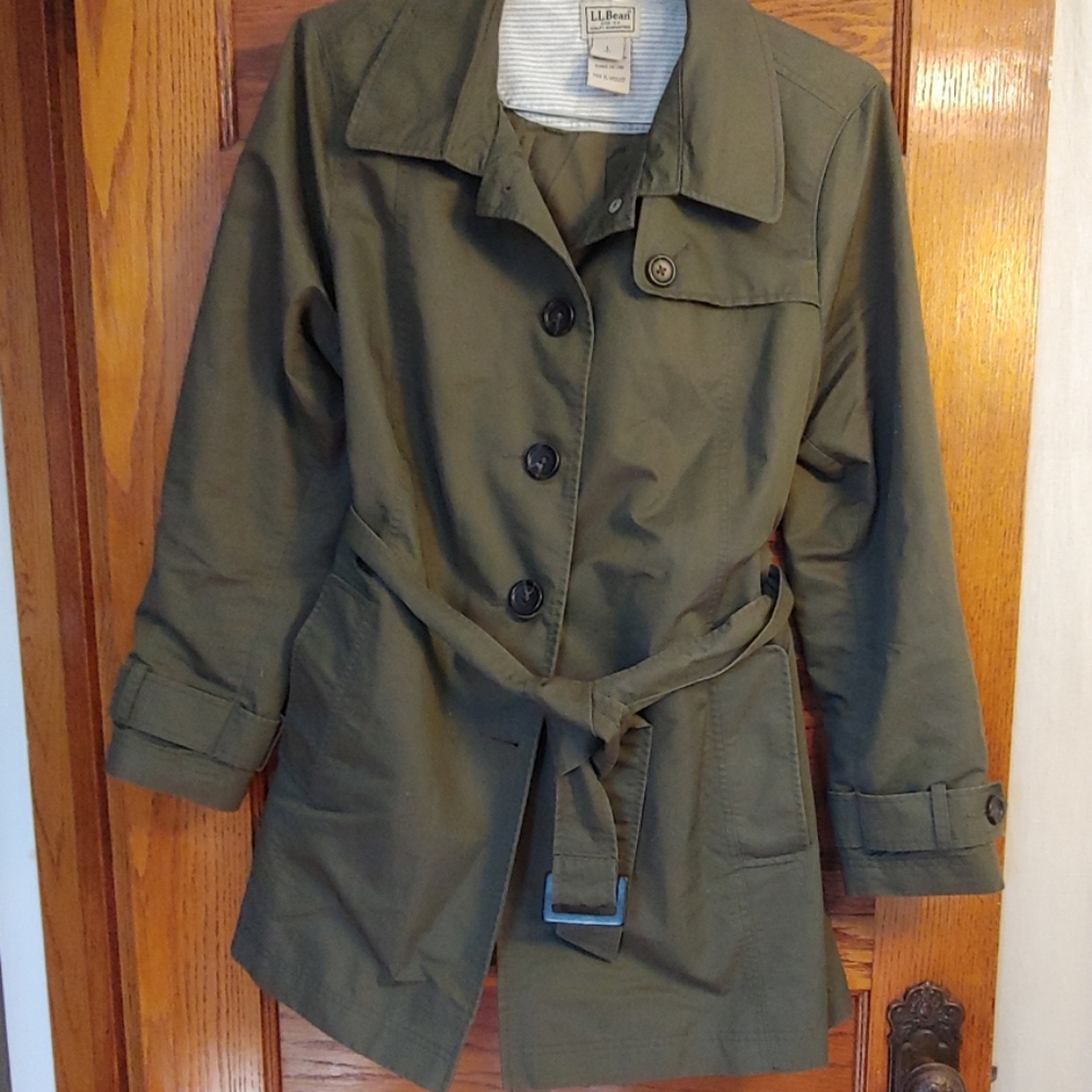 Ll bean cotton olive green trench coat rain